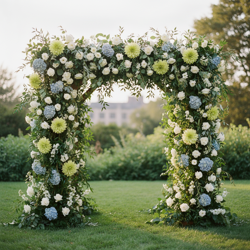 Outdoor wedding arch decorated with light green dahlia blooms and blue hydrangeas with white roses and trailing eucalyptus greenery