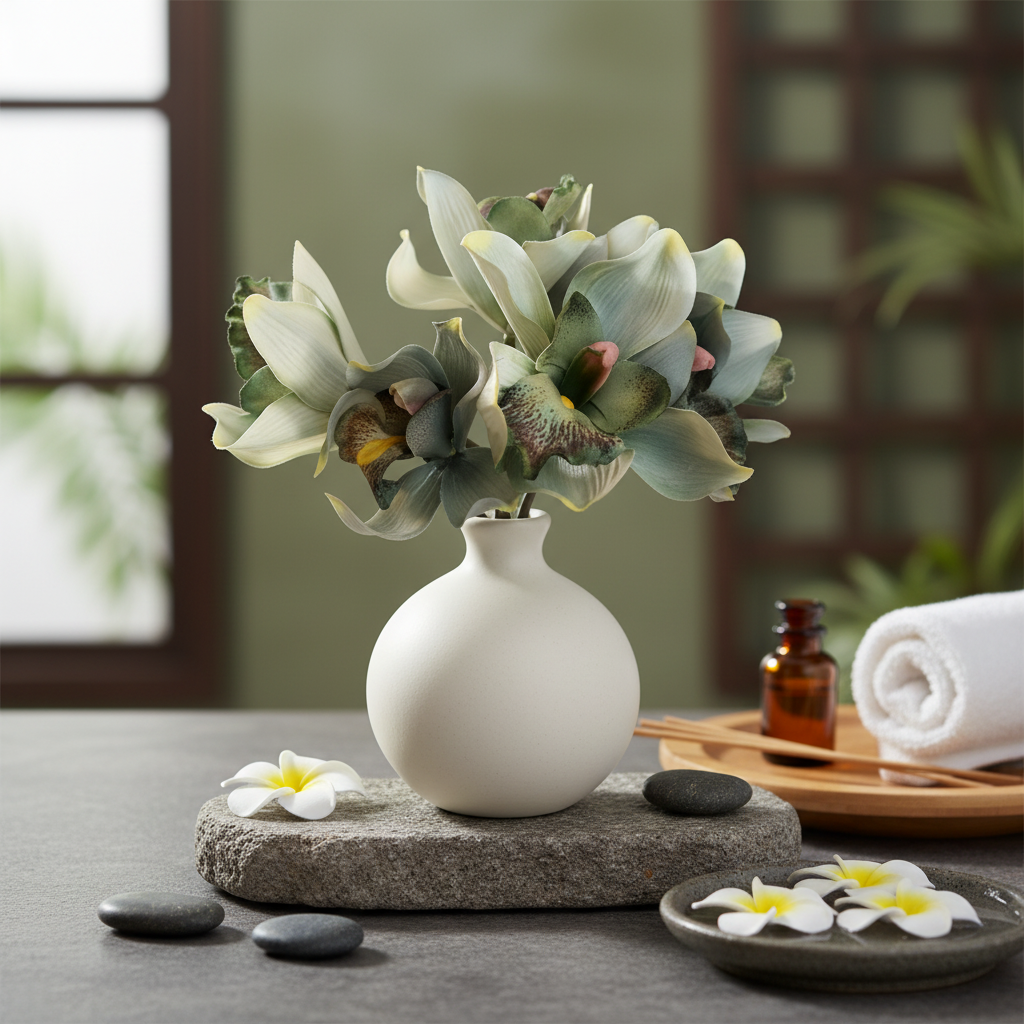 Jade green artificial Cymbidium orchid bouquet displayed in ceramic vase on natural stone surface, spa-inspired zen decor with soft natural lighting