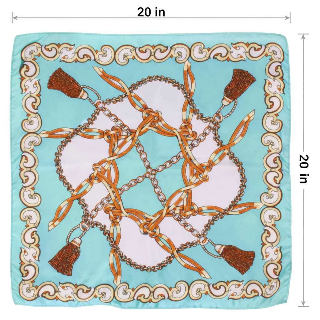 Seafoam blue equestrian satin square scarf size measurement diagram 20 inches width 20 inches height two clean arrow lines white background 20x20
