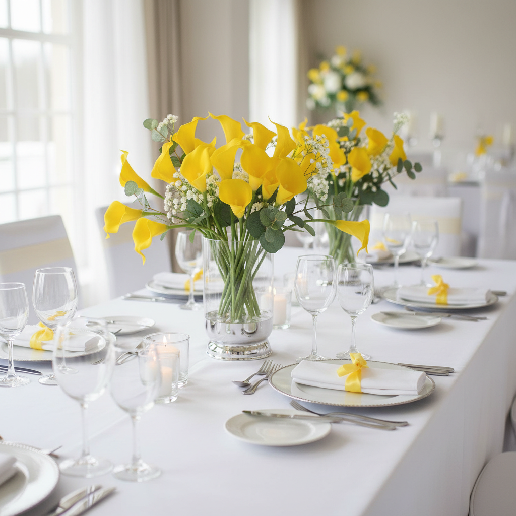 Yellow faux calla lily stems on elegant event table with white linens, bright spring wedding tablescape centerpiece