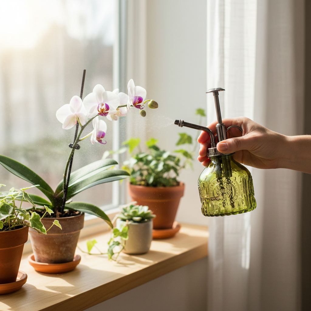 Woman using olive green glass plant mister spray bottle with chrome pump to mist orchid plant on bright windowsill with houseplants