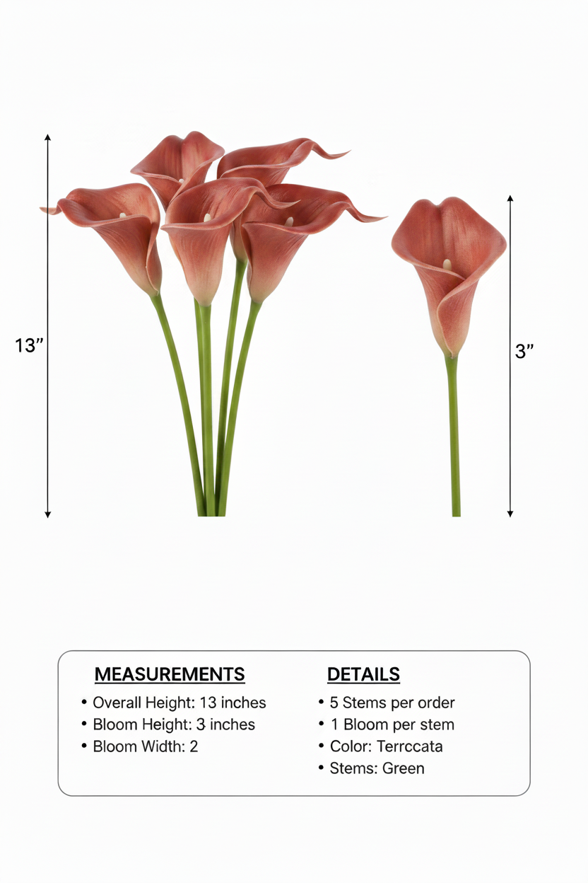 Terracotta calla lily measurement infographic showing 13 inch height, 3 inch bloom height, 2 inch bloom width