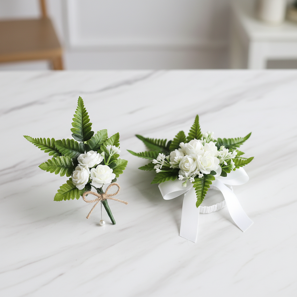 Wedding boutonniere and corsage set made with artificial fern stems and white flowers