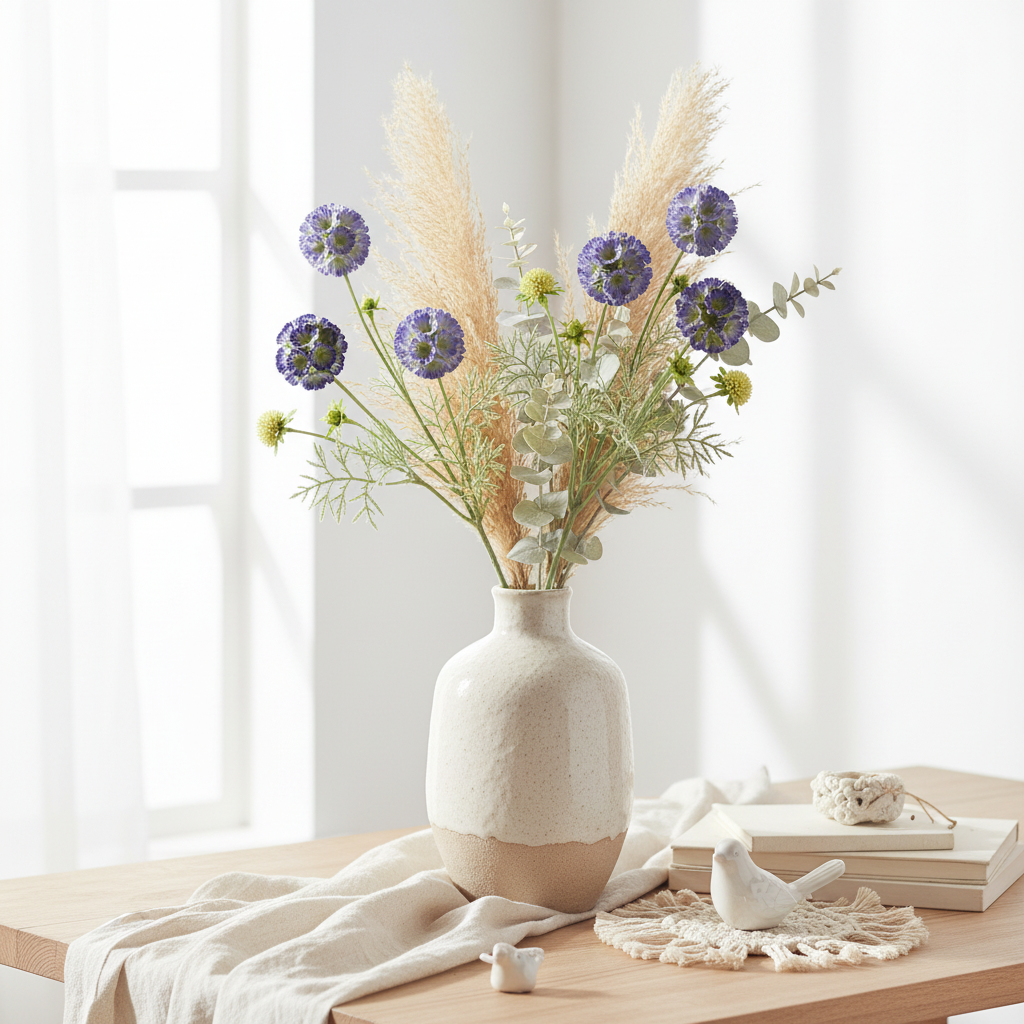 Artificial purple blue scabiosa stems in a neutral cream ceramic vase with boho styling, linen, and dried pampas grass on a light wood surface