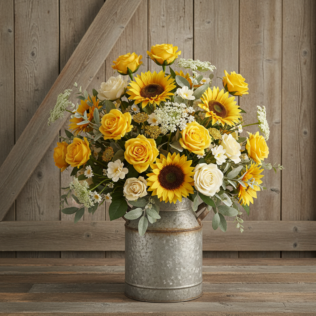 Artificial bright yellow roses with sunflowers, eucalyptus, white wildflowers, and cream roses in a galvanized metal milk can on a weathered barn wood table with rustic plank wall background