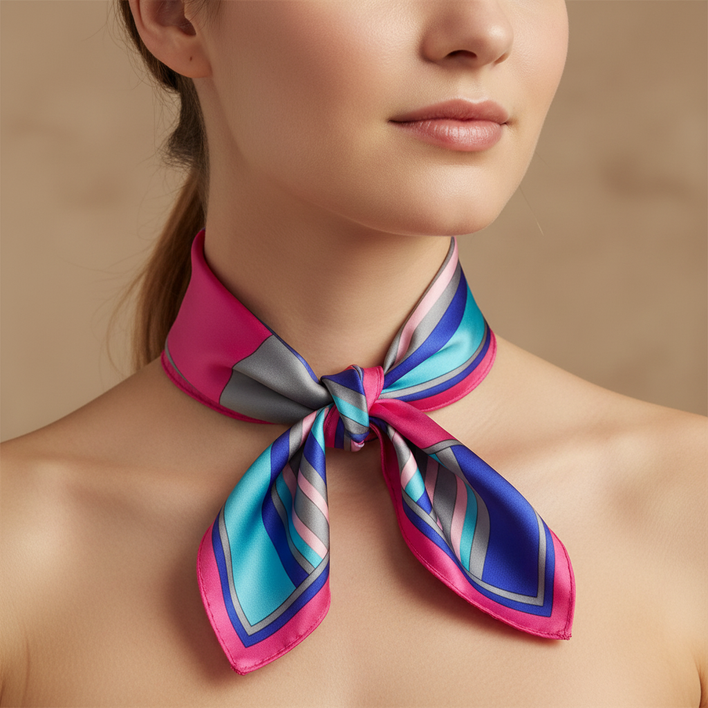 Close-up detail of pink stripe satin scarf tied in French knot showing smooth satin texture