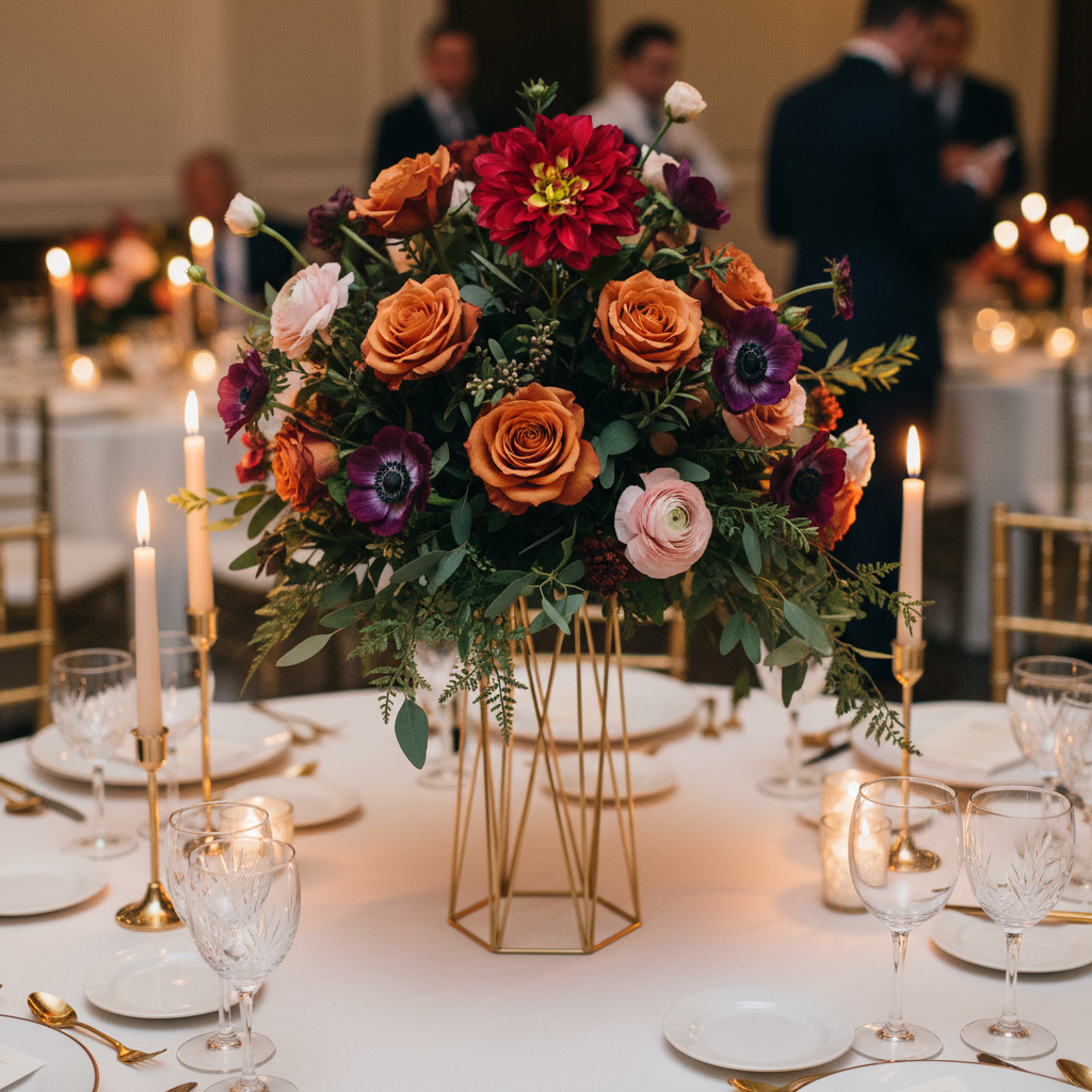 Elegant fall wedding table centerpiece with burgundy dahlias, orange roses and plum anemones in gold geometric vase with candles