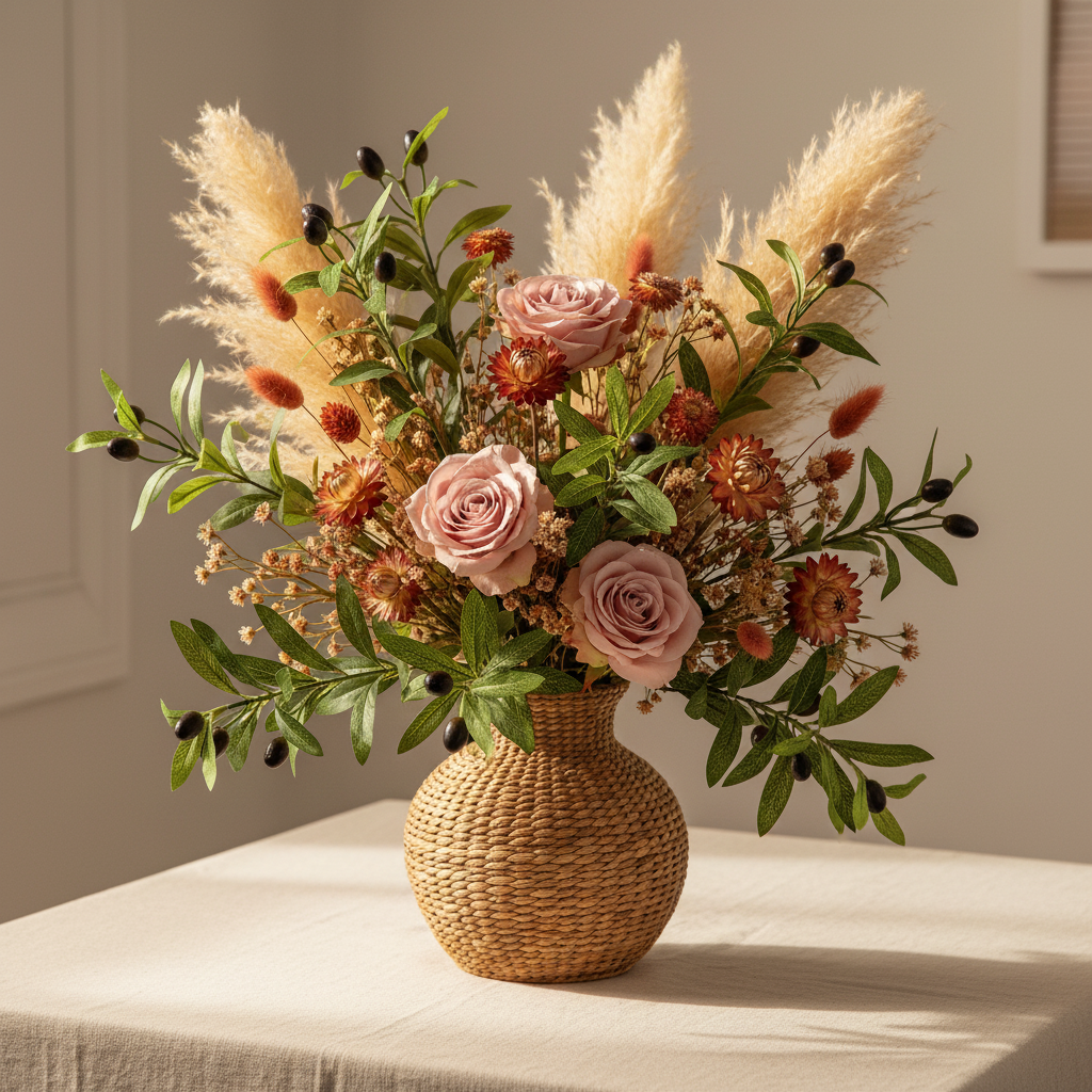 Artificial olive branch stems with dark berries arranged with pampas grass and blush pink roses in boho rattan vase