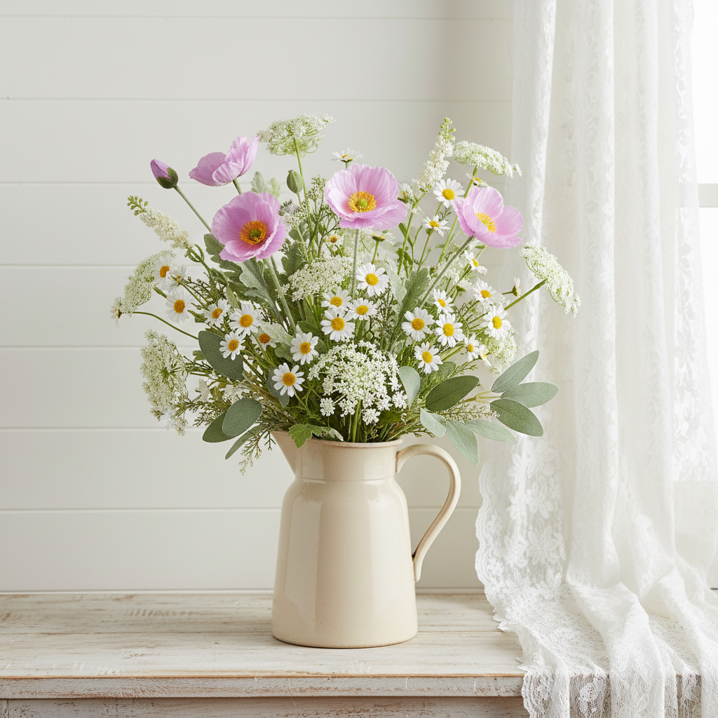 Faux lavender poppy stems arranged in a vintage cream stoneware pitcher with chamomile daisies, Queen Anne's lace, baby's breath, and sage green eucalyptus on a weathered wood table