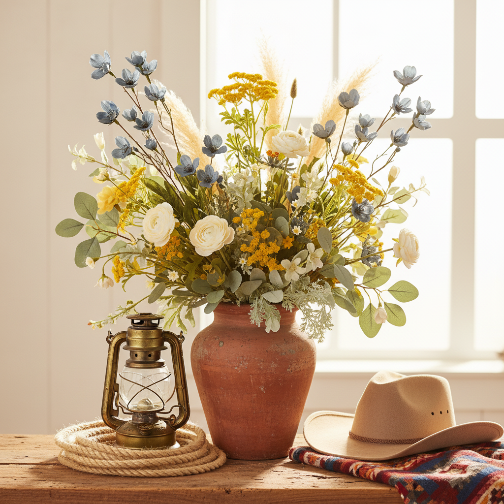 Artificial dusty blue dogwood flower stems in a rustic terracotta vase with western wildflower arrangement, rope coil, vintage lantern, and cowboy hat on weathered wood