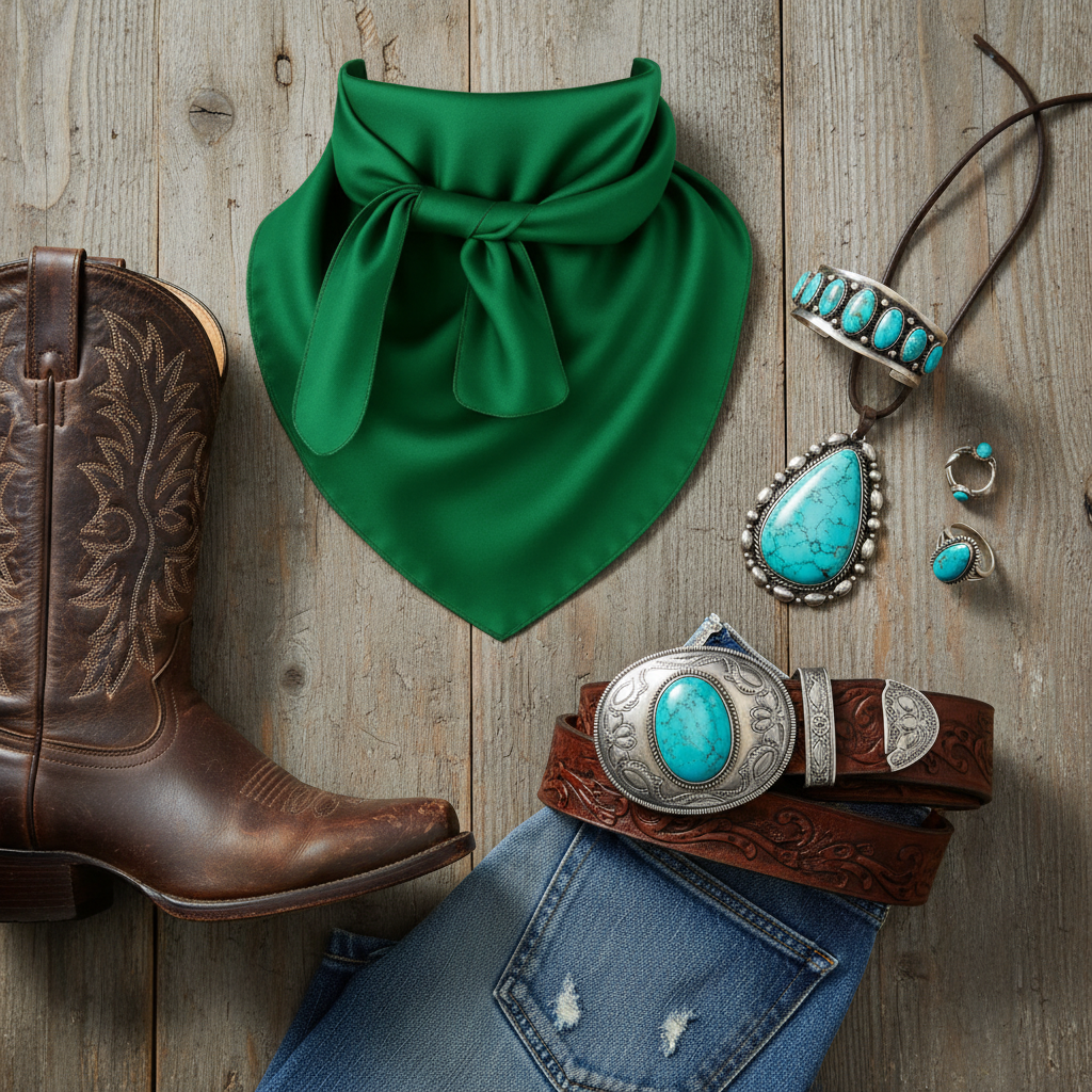 Flat lay of green wild rag scarf with western boots, belt, jewelry, and denim - styling accessories