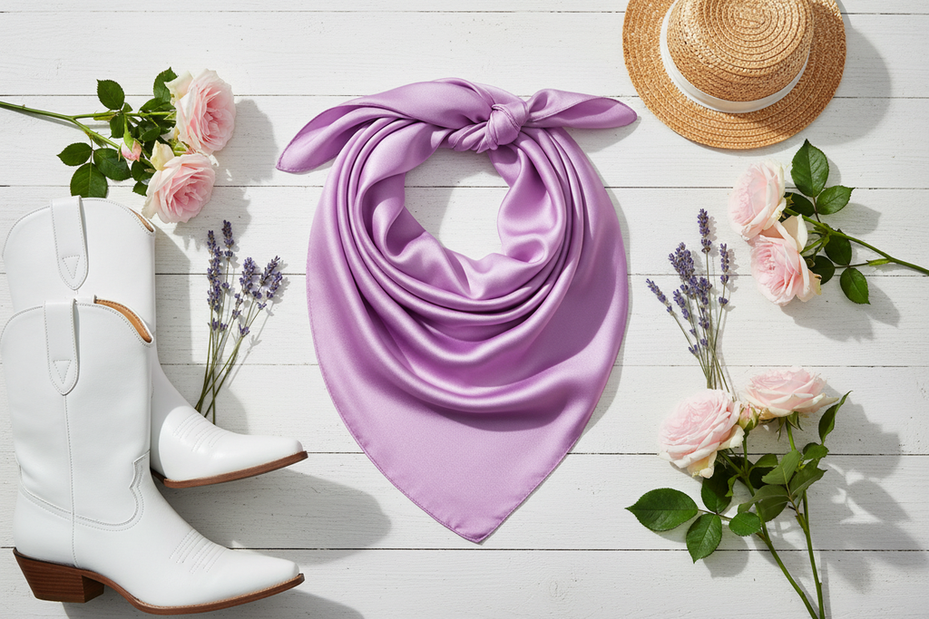 Lavender wild rag spring flat lay with fresh lavender flowers, pink roses, and white cowboy boots
