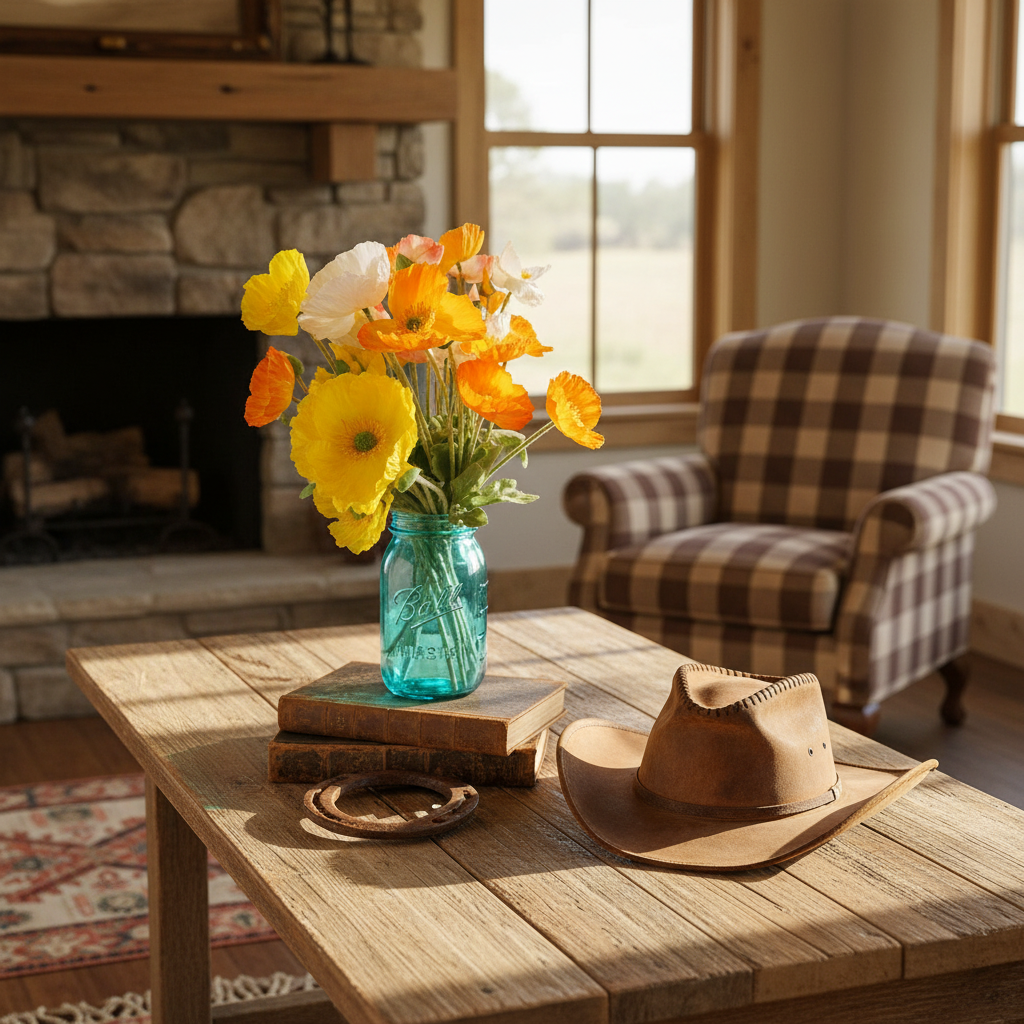 Western ranch home decor with silk poppy bouquet in turquoise mason jar styled with cowboy hat, horseshoe and rustic wood table