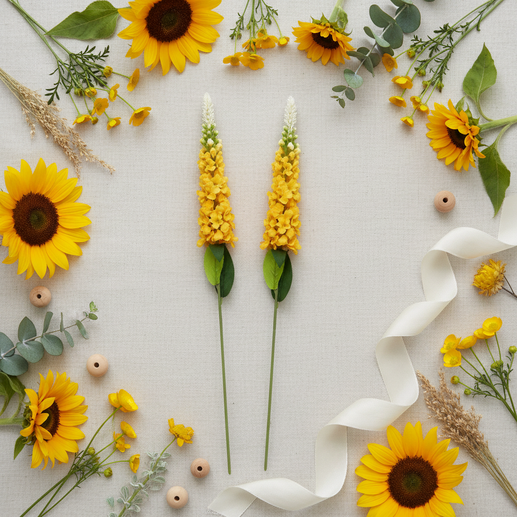 Golden yellow snapdragon larkspur spike stems flat lay on neutral linen background with sunflowers, small yellow wildflowers, eucalyptus, dried botanicals, wood beads and cream ribbon