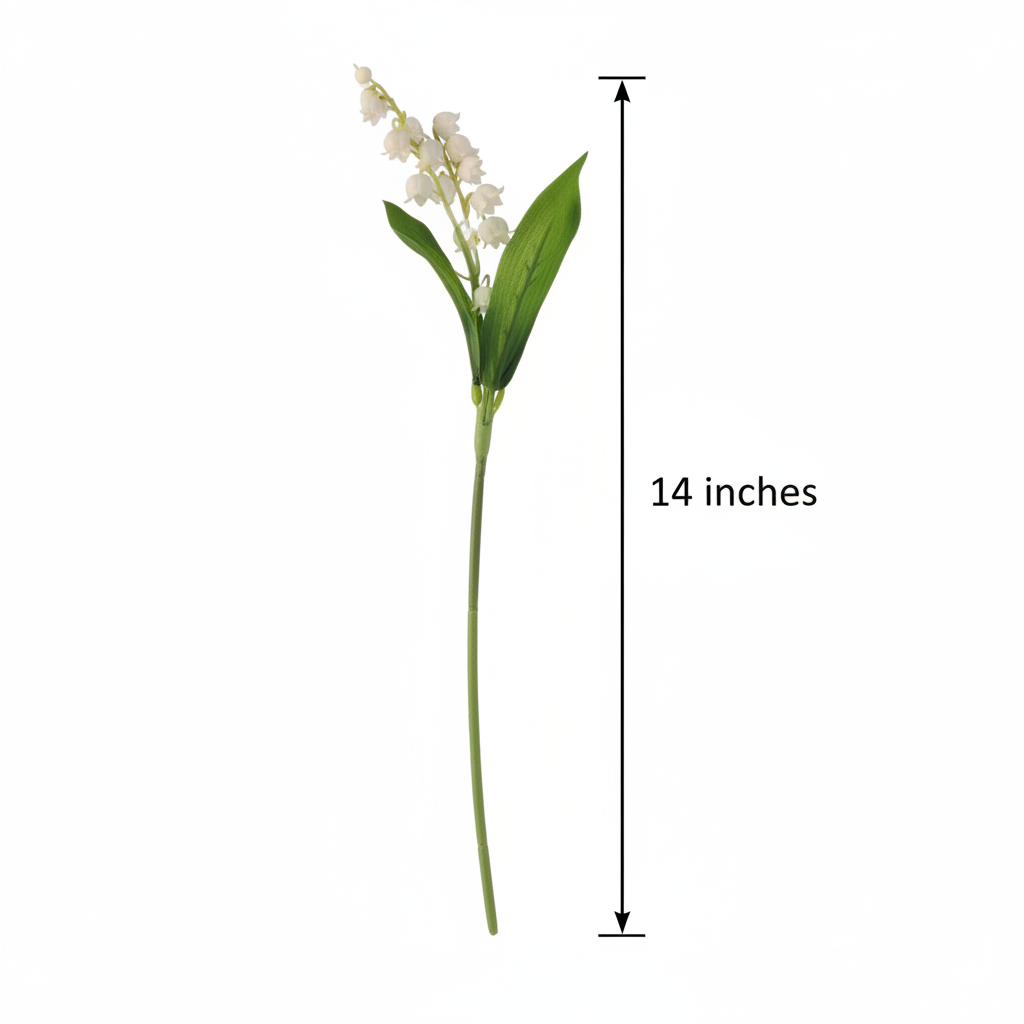 Artificial lily of the valley stem standing upright showing 14 inch height measurement diagram