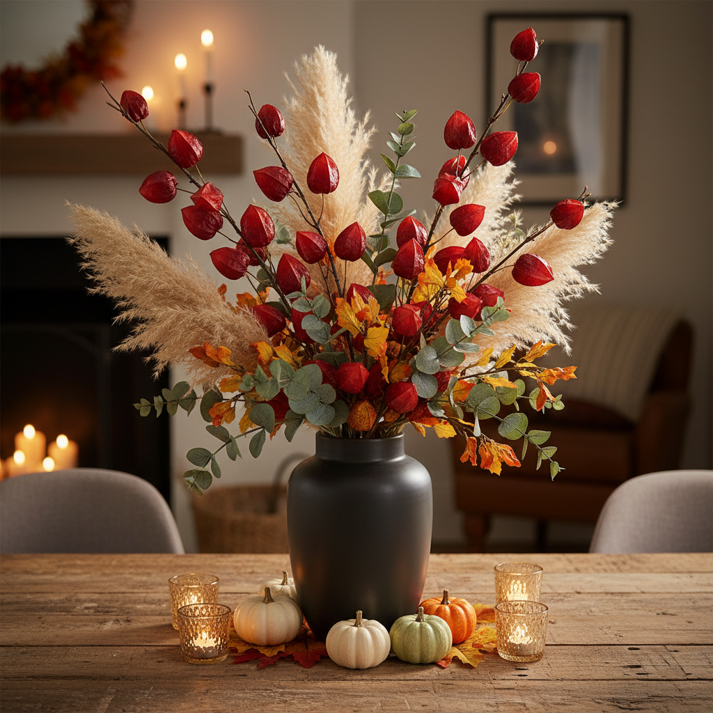 Red burgundy Chinese lantern stems in fall centerpiece arrangement with pumpkins dried pampas grass and autumn leaves on rustic dining table