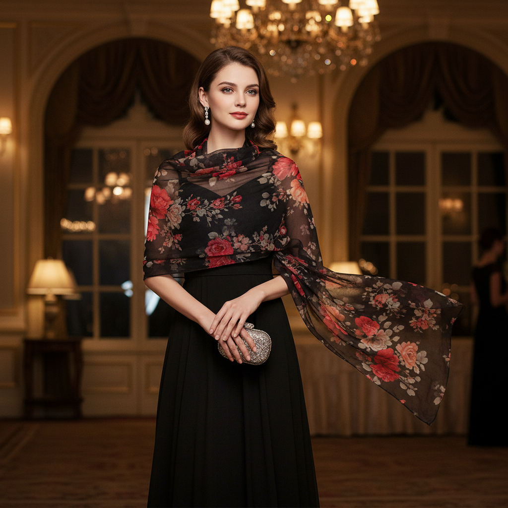 Stylish woman wearing black chiffon red rose floral scarf as evening shawl wrap at elegant indoor event