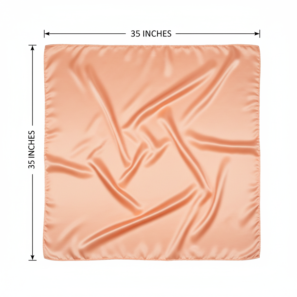 Peach wild rag scarf measurement diagram showing 35 inches by 35 inches dimensions