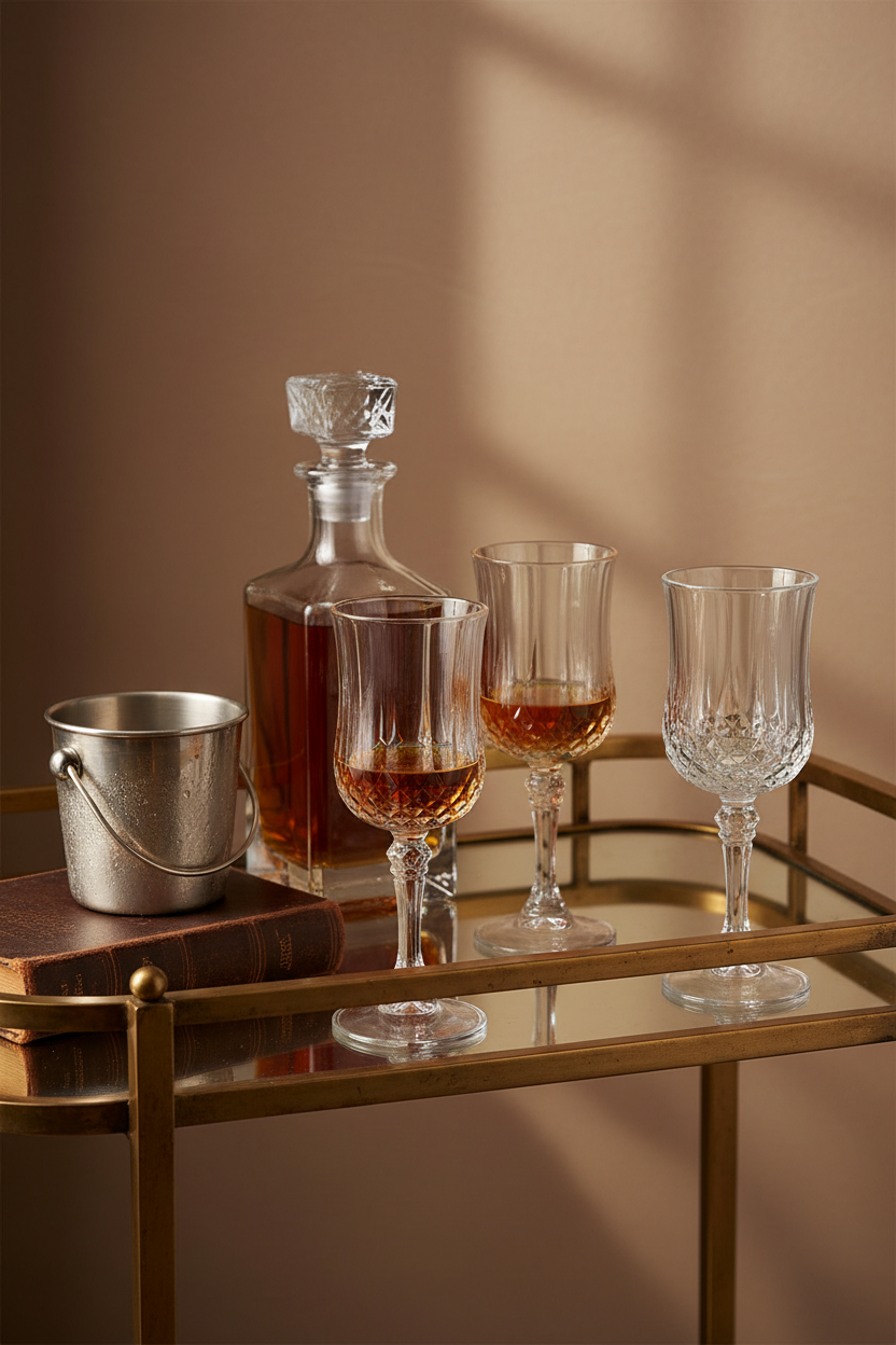 Four Cristal D'Arques Longchamp faceted crystal cordial glasses styled on a vintage brass bar cart with crystal decanter and amber liqueur, warm ambient lighting