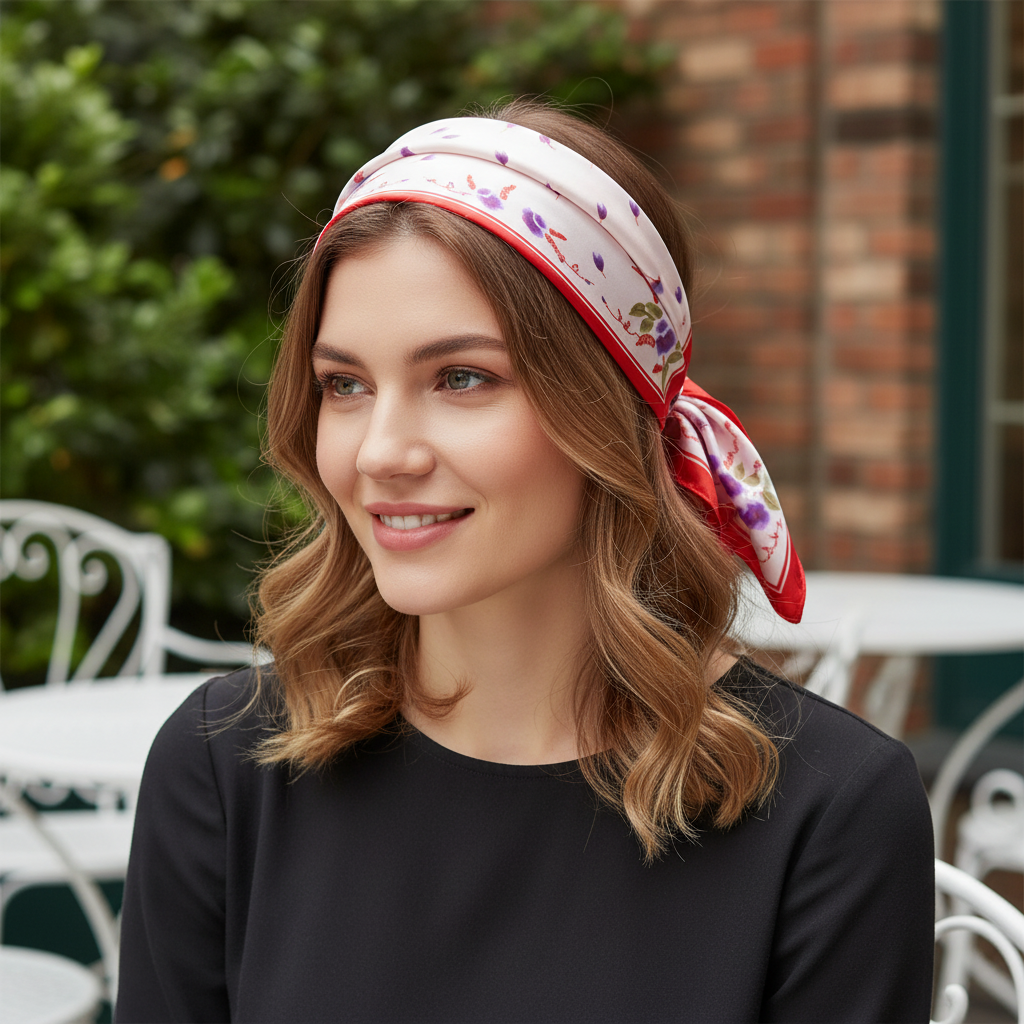 Red pink floral satin scarf styled as headband accessory