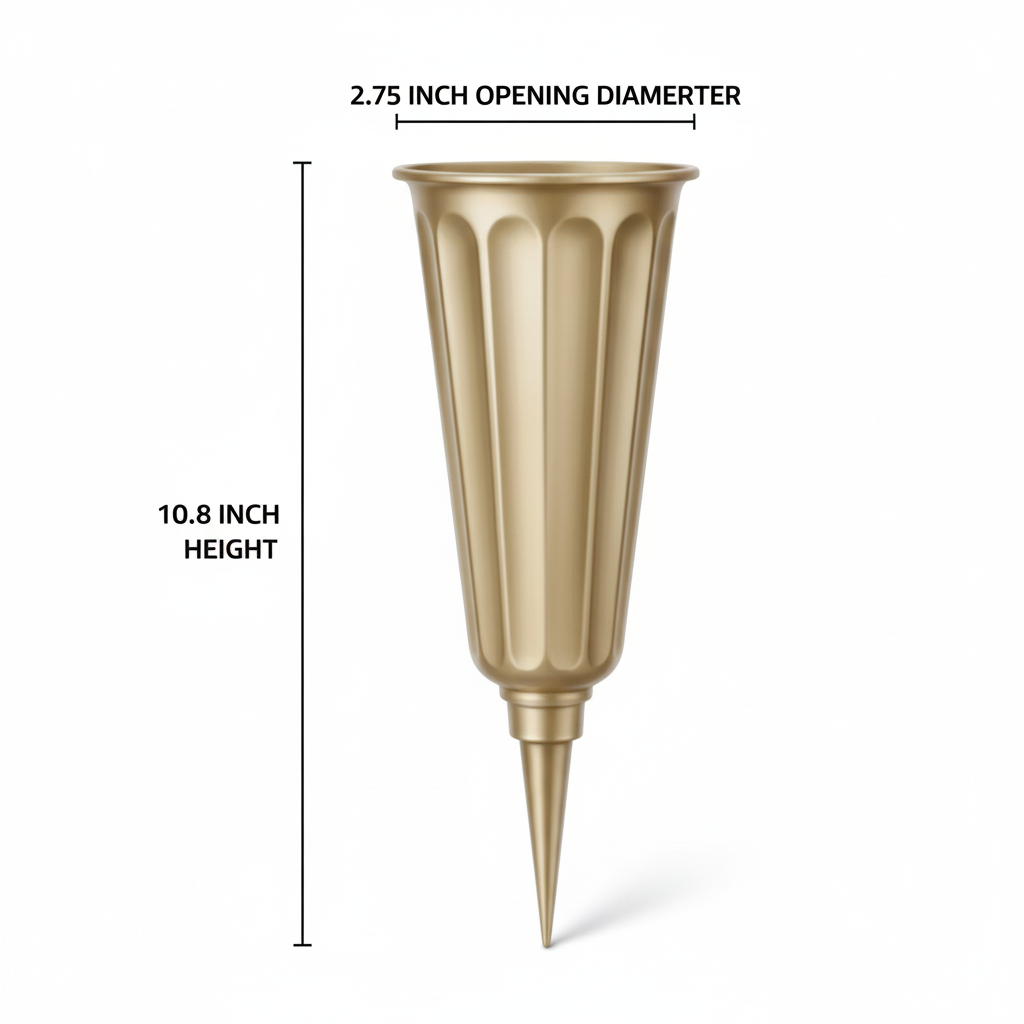 Gold cemetery vase dimensions diagram showing 10.8 inch height and 2.75 inch opening diameter