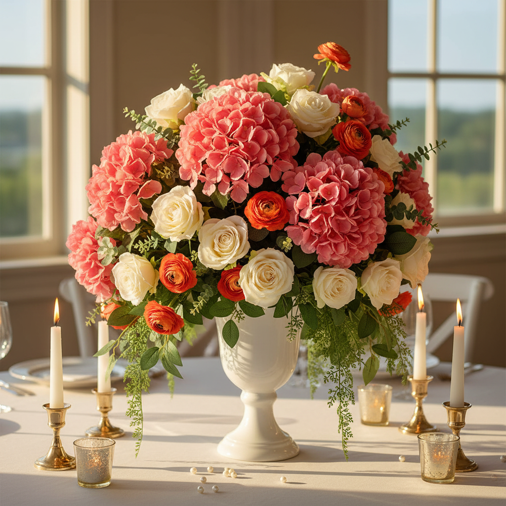 Coral pink hydrangeas white roses and orange ranunculus fully arranged in white pedestal vase elegant wedding reception centerpiece