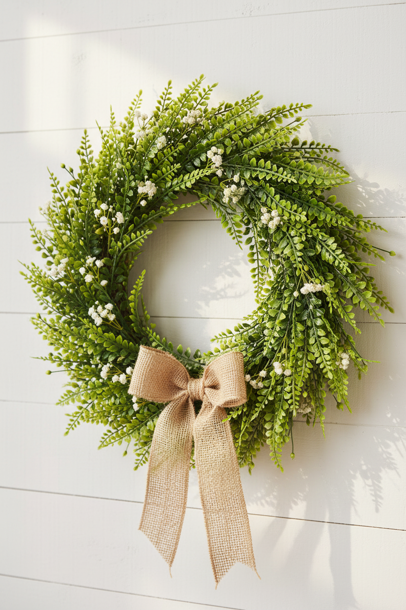 Rustic farmhouse wreath decorated with artificial fern leaf picks, small white dried flowers, and burlap bow on a white shiplap wall
