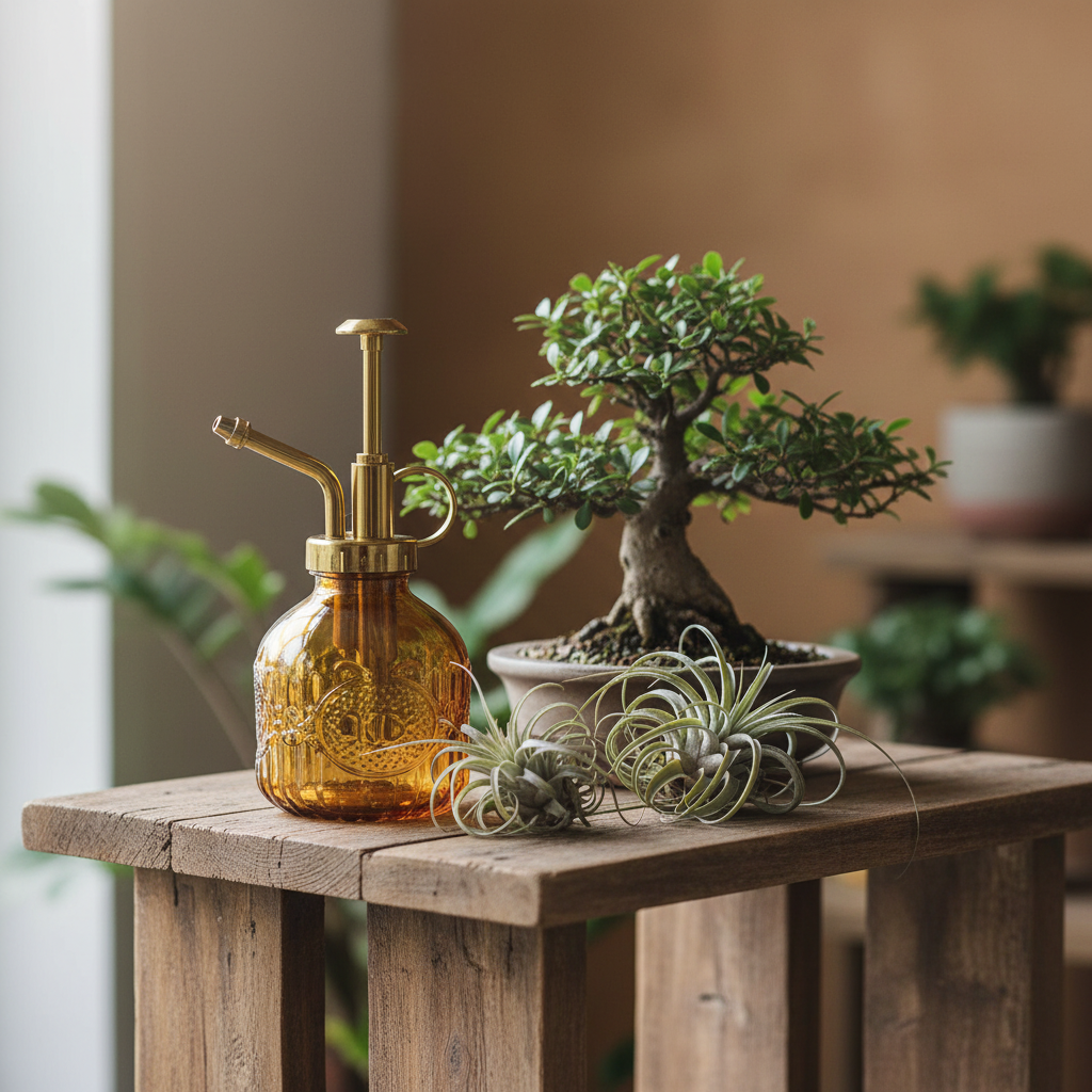 Close-up of amber glass plant mister with gold pump next to bonsai tree and air plants on rustic wooden stand