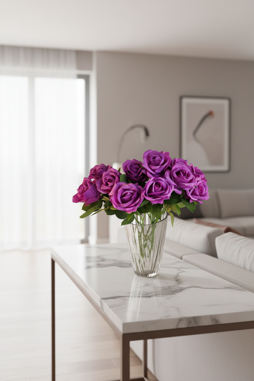 Purple rose bouquet in clear glass vase on white marble console table, romantic elegant home decor