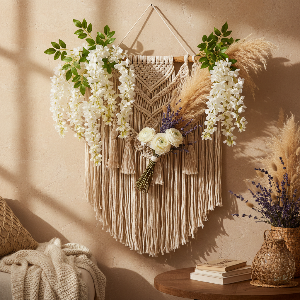 Artificial white wisteria stem draped over a boho macrame wall hanging with pampas grass, lavender, and white ranunculus