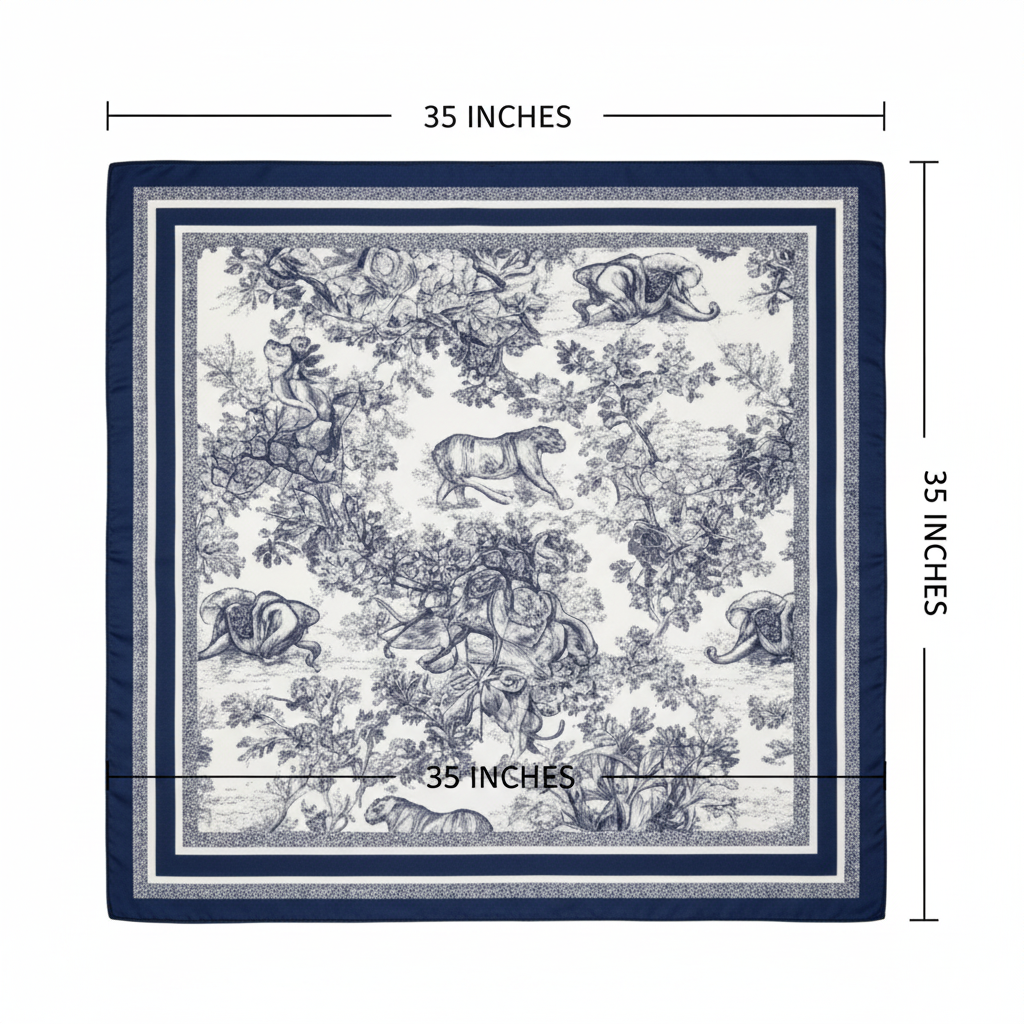 Jungle safari animal print satin scarf flat lay with 35x35 inch measurement diagram on white background