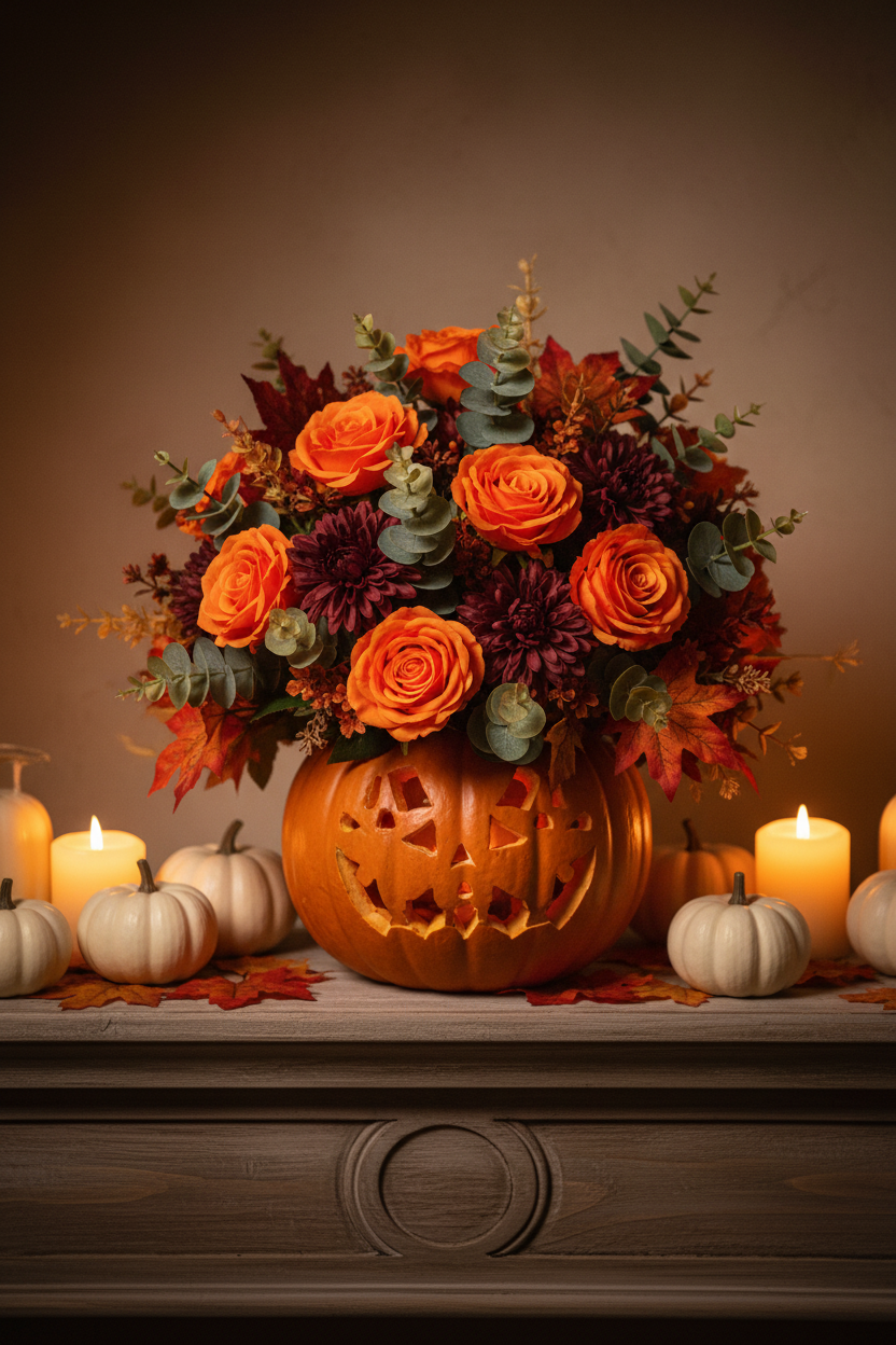 Vibrant orange artificial roses arranged with burgundy mums and eucalyptus in a pumpkin vase on a wooden mantel with white pumpkins and candles for Halloween autumn decor