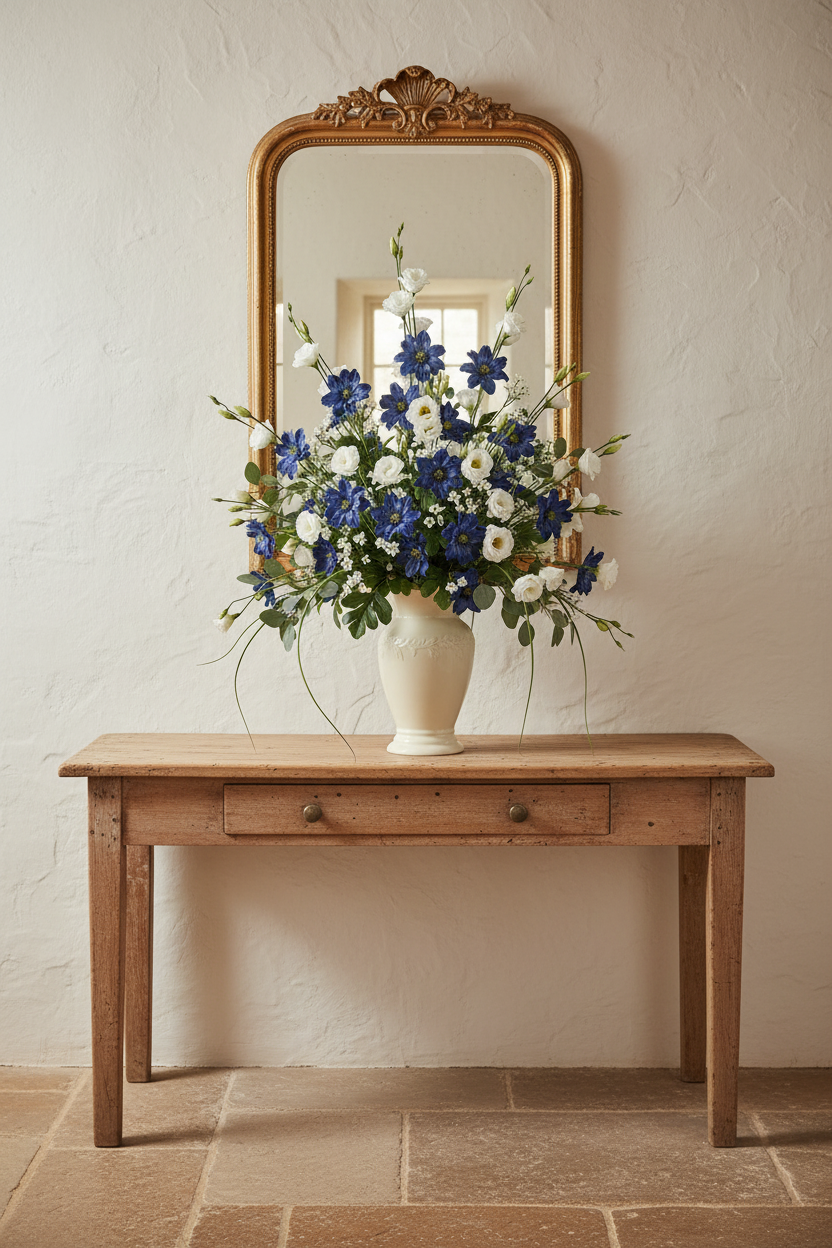 Deep cobalt-navy blue double-layered artificial flower stems arranged with white lisianthus and waxflower in a cream ceramic vase on a French country entryway console table with antique gold mirror