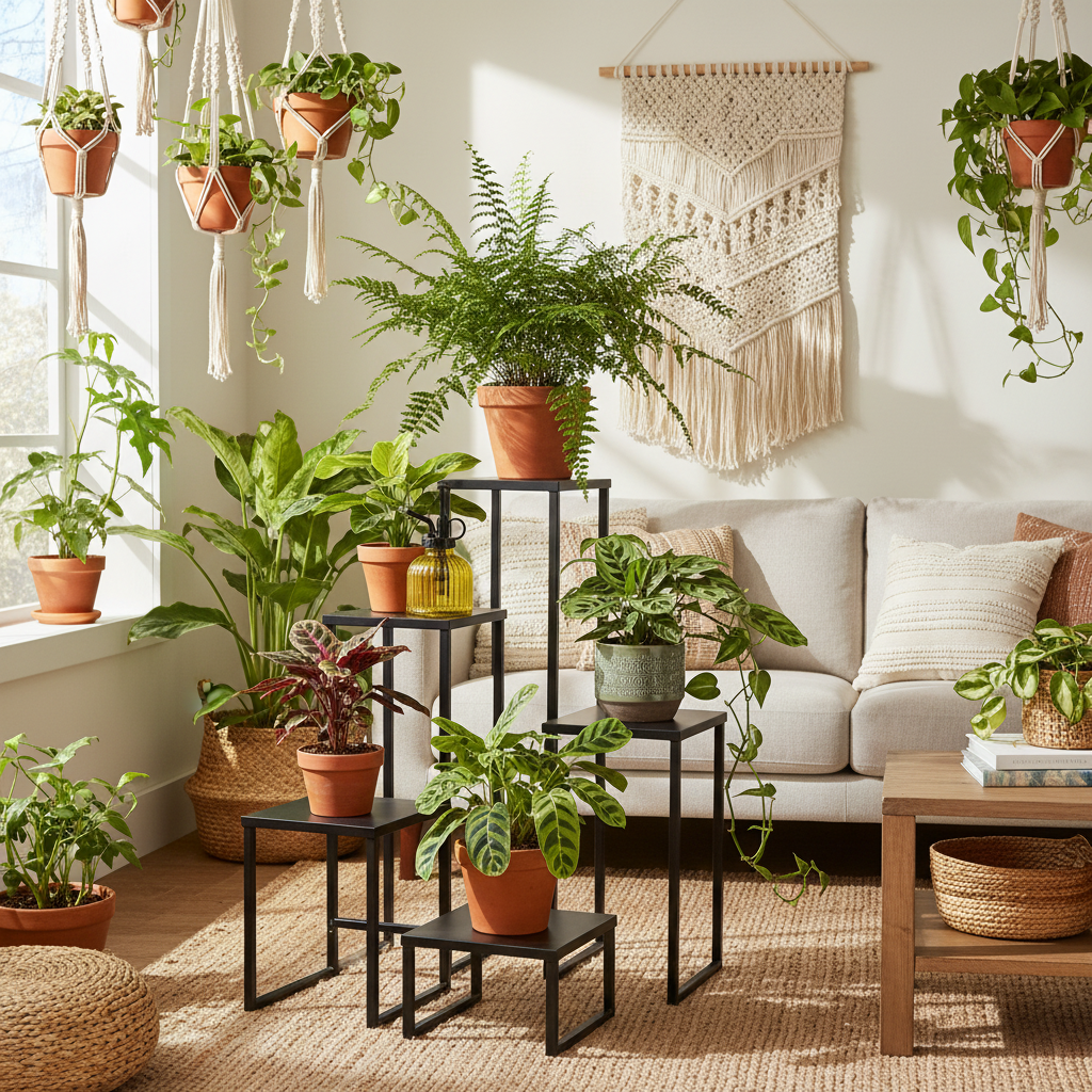 Yellow ribbed glass plant mister on tiered metal plant stand with ferns, prayer plants, and philodendrons in bohemian living room