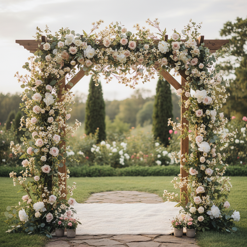 Artificial dogwood stems with cream white blossoms woven into romantic wedding arch with blush roses and greenery