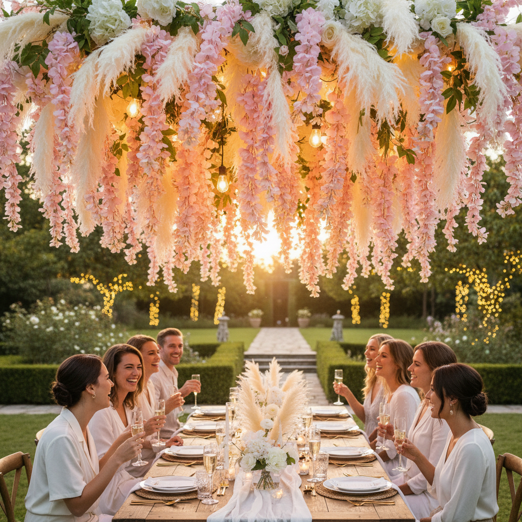 Artificial blush pink wisteria stem draped over a boho ceiling installation with string lights and white pampas grass at a garden party