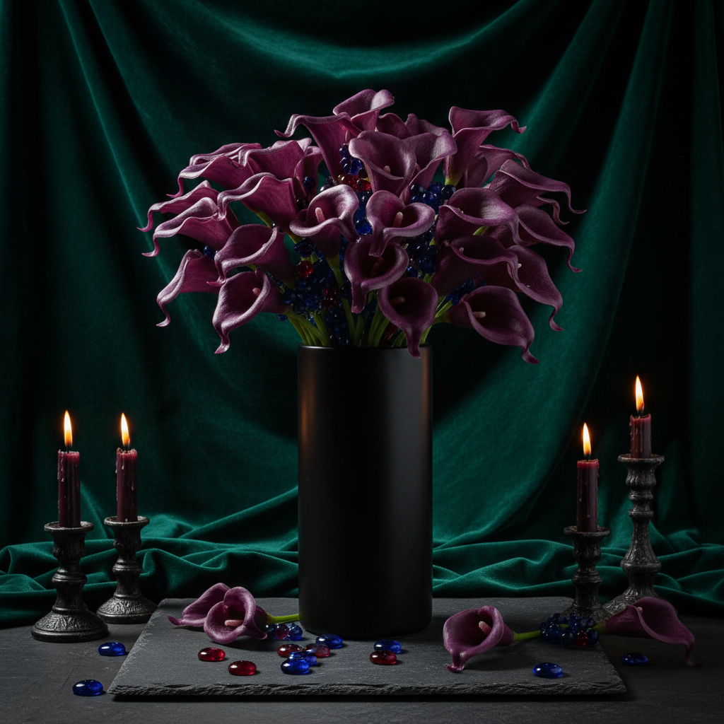 Dramatic moody dark decor arrangement of artificial purple calla lilies in matte black vase with candlelight and dark velvet background