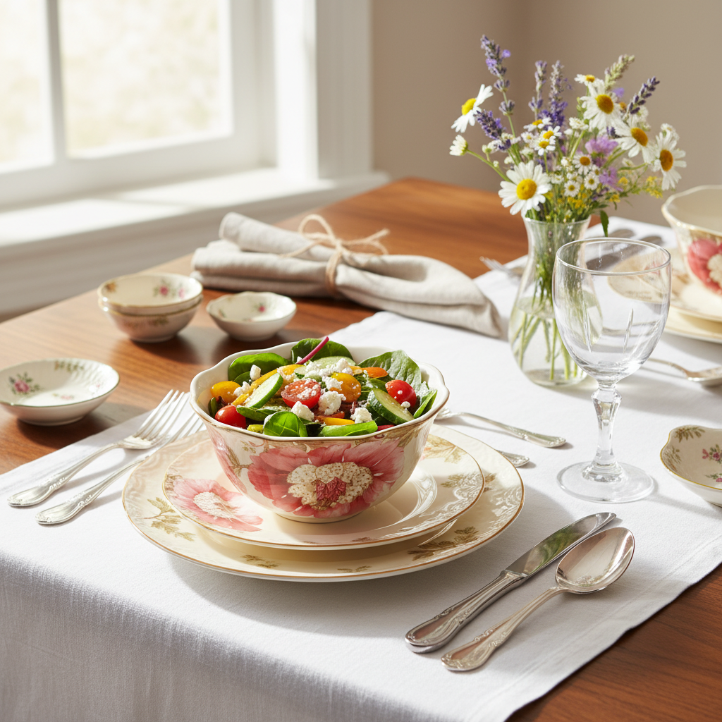 Lutece floral bowl with fresh salad on elegant cottage dining table