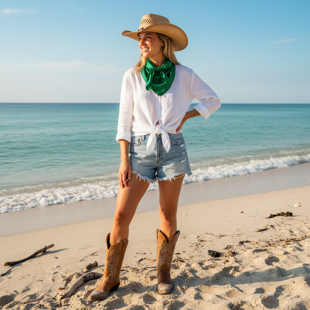 Woman in green wild rag scarf at summer beach - coastal cowgirl style