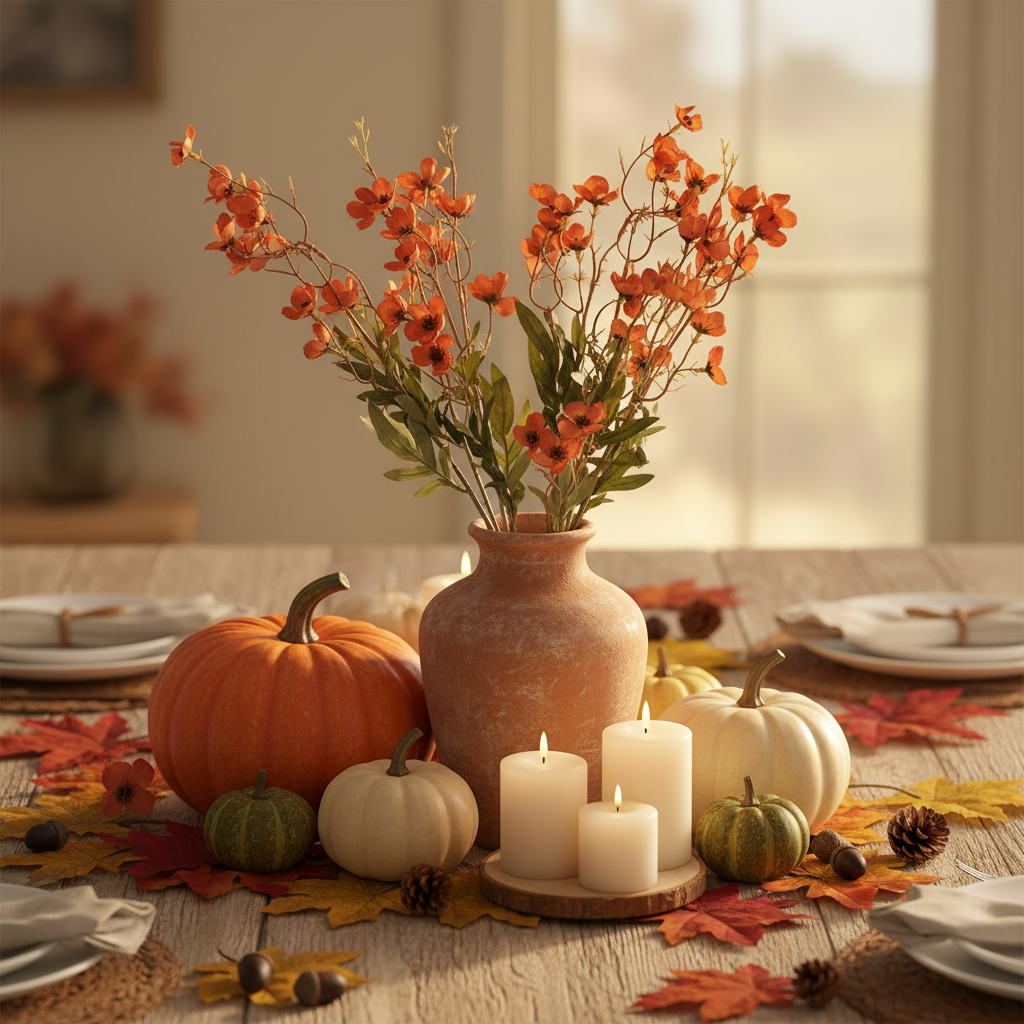 Artificial terracotta coral dogwood stems in rustic vase as cozy fall Thanksgiving table centerpiece with pumpkins and candles