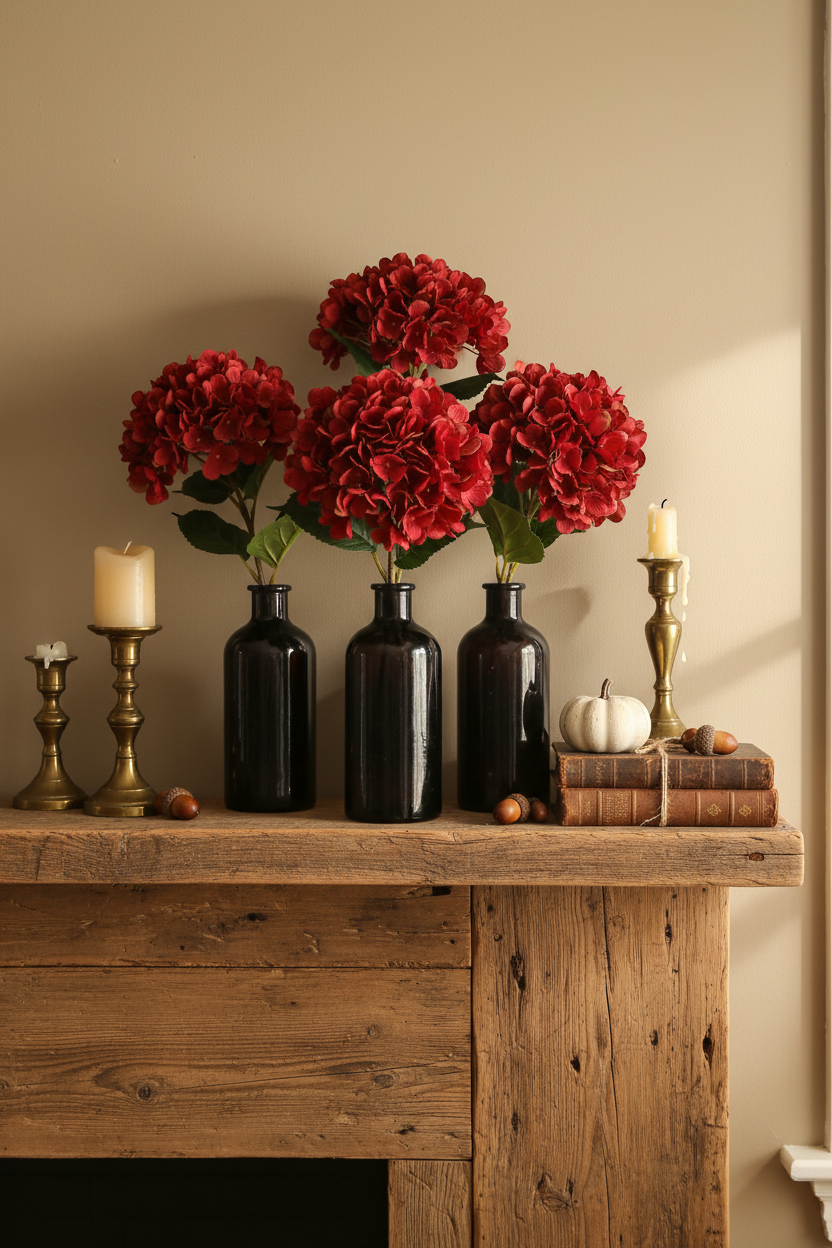 Farmhouse mantel styled with deep red hydrangea stems in dark glass bottles with brass candlesticks