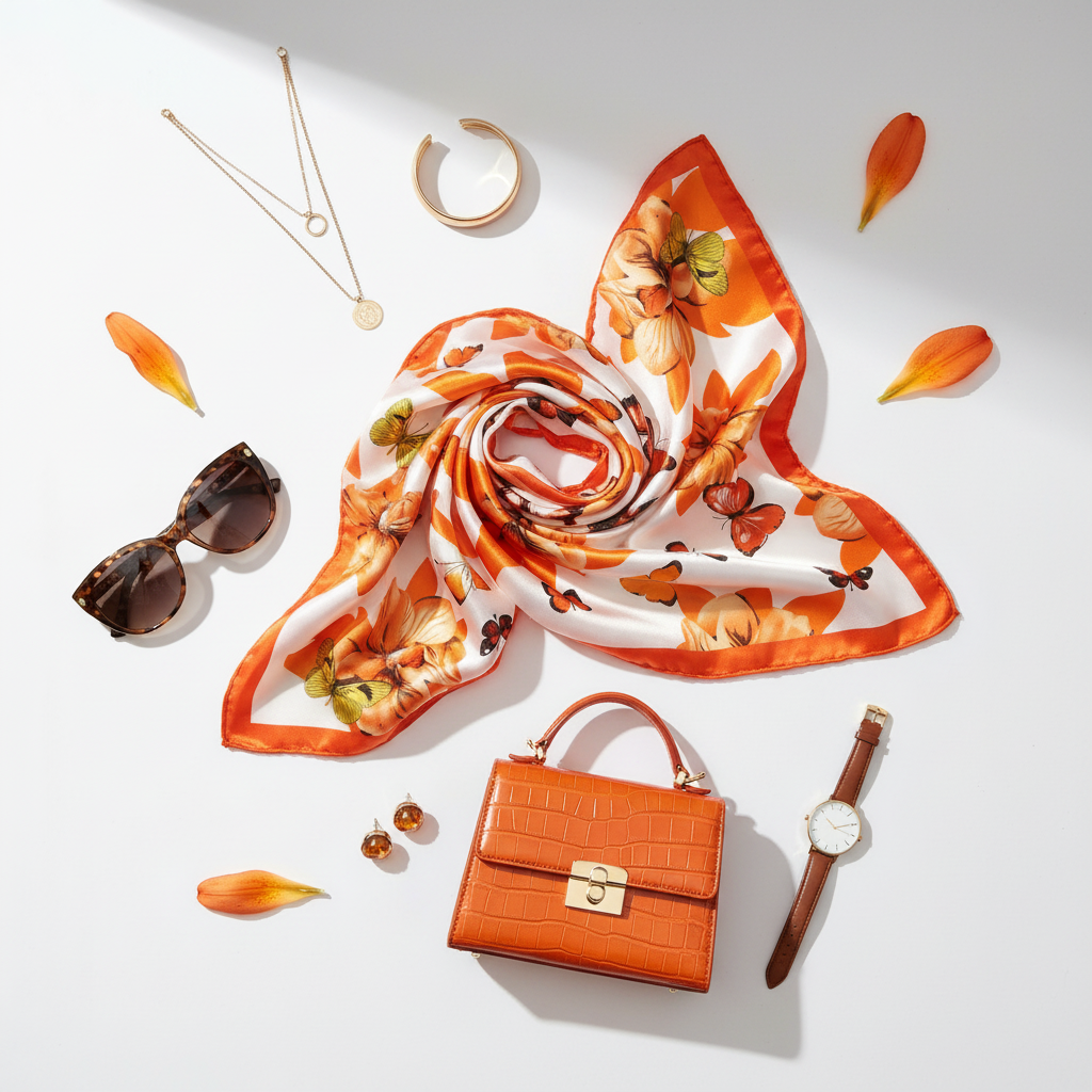 Orange Butterfly Floral Satin Scarf 20x20 Flat Lay with Fashion Accessories Styling