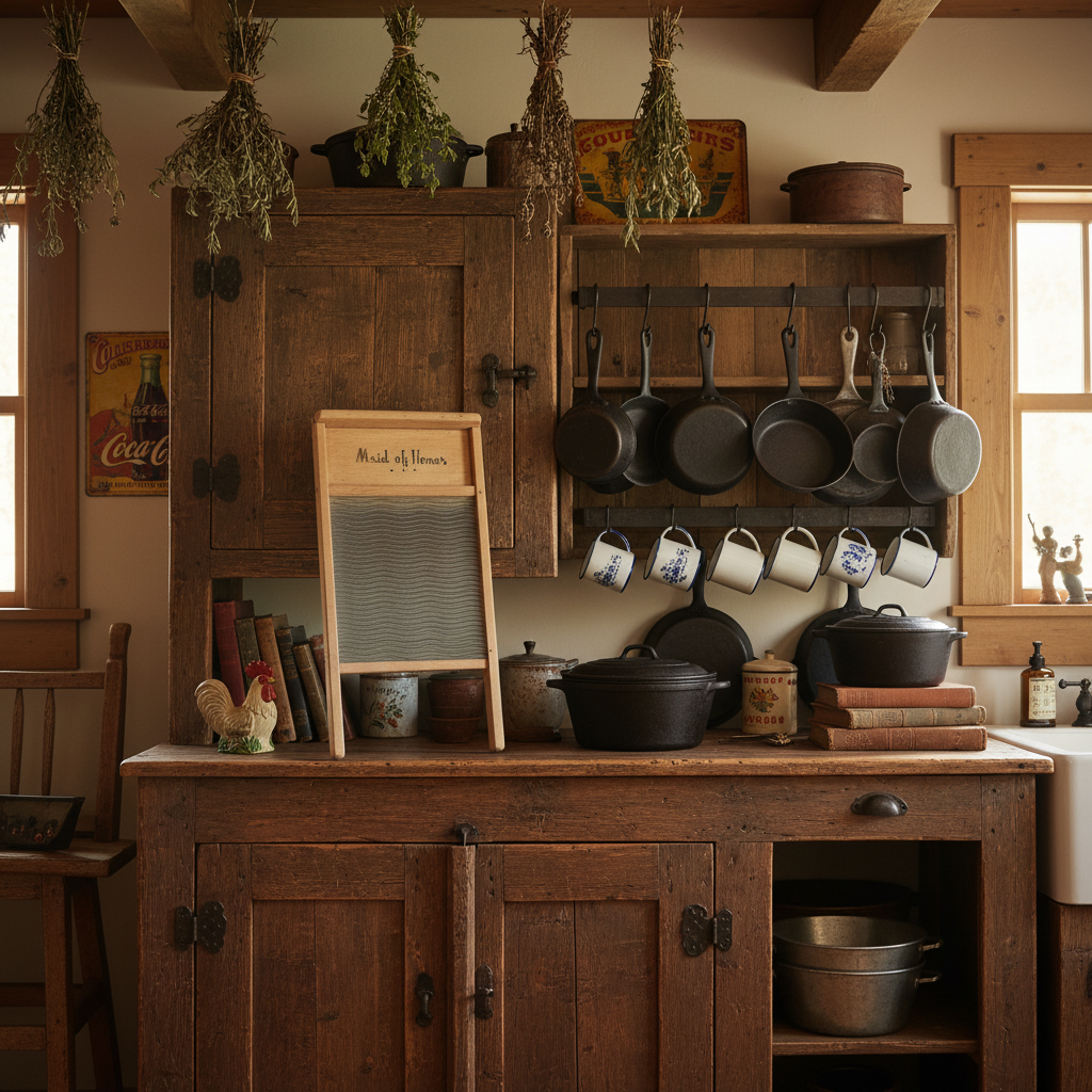 Vintage Maid of Honor washboard leaning against antique wooden cabinet in rustic primitive kitchen Americana decor display