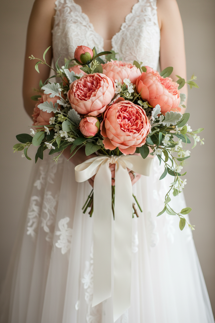 Bridal bouquet arrangement featuring peach coral peonies with greenery against soft neutral background, romantic wedding styling