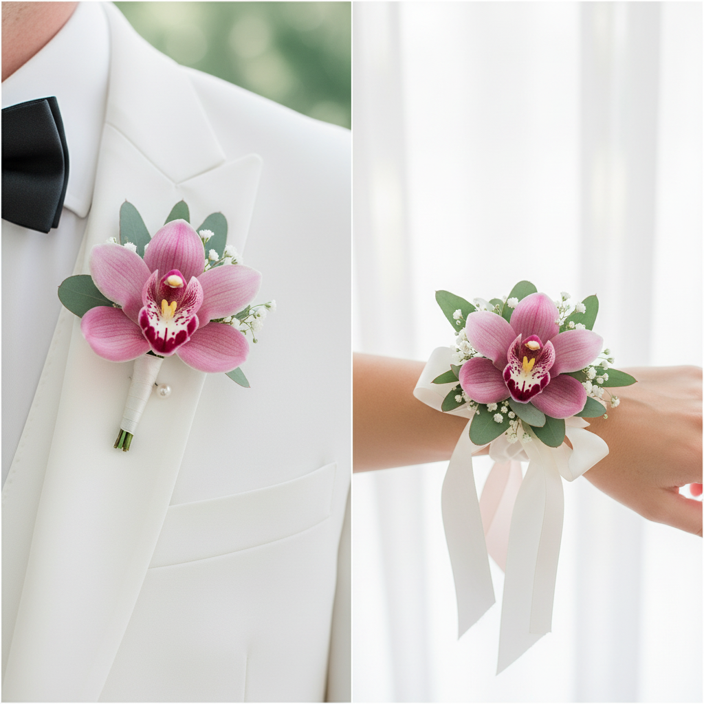 Wedding boutonniere and wrist corsage featuring deep hot pink Cymbidium orchid blooms with eucalyptus and ribbon accents, groom in white tuxedo and bride's wrist