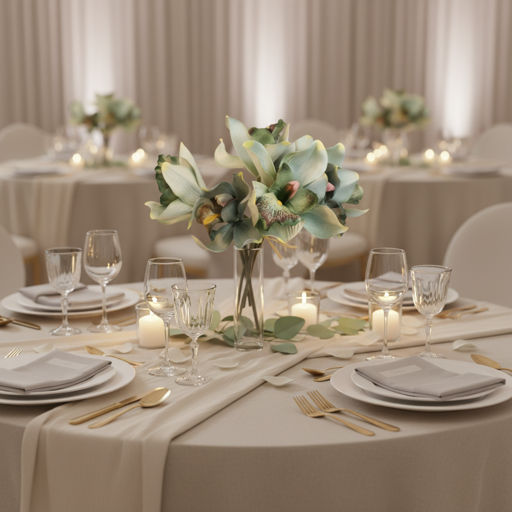 Jade green faux orchid bouquet as elegant wedding table accent in small vase, neutral tablescape with soft romantic lighting