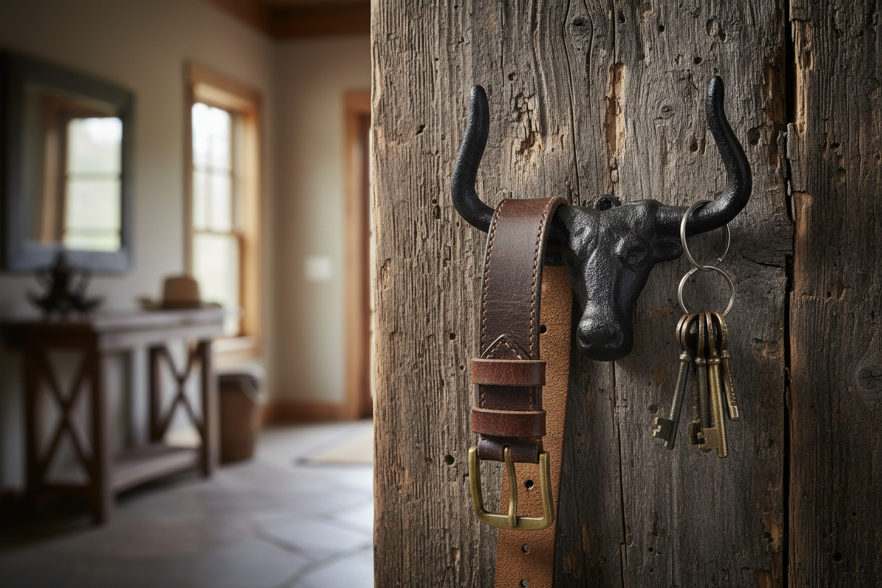 Rustic black bull head wall hook with leather belt and keys hanging from horn tips on barn wood