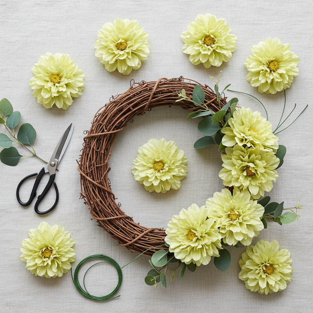Yellow-green artificial peony blooms DIY craft flat lay with floral wire scissors grapevine wreath base and eucalyptus on linen surface