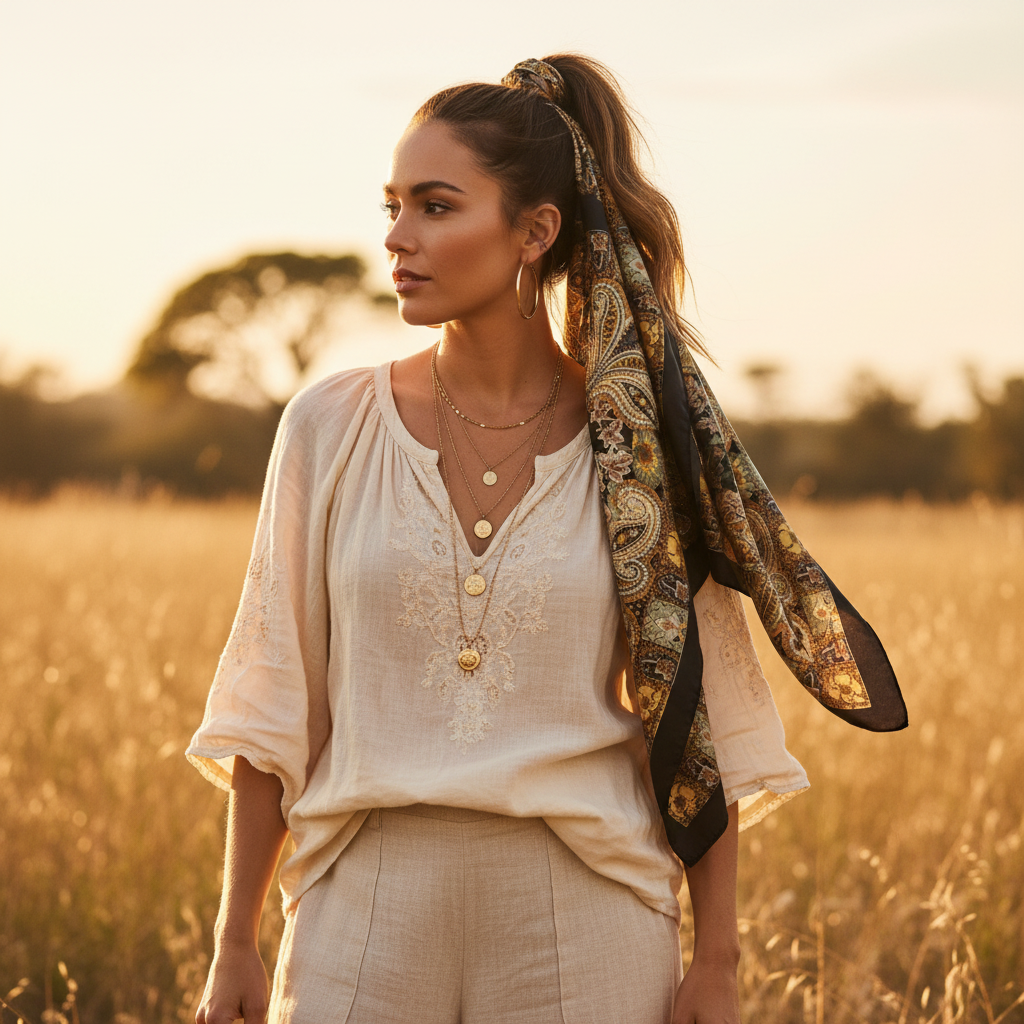 Woman wearing black, gold, and sage green paisley floral satin square scarf tied around a ponytail as a boho hair wrap – Chic & Effortless style