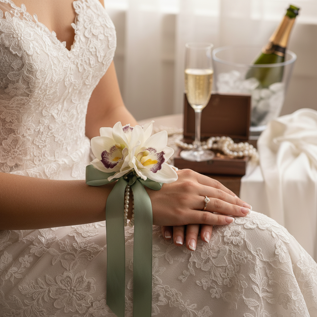 Bride wearing delicate ivory Cymbidium orchid wrist corsage with sage green ribbon and lace wedding dress